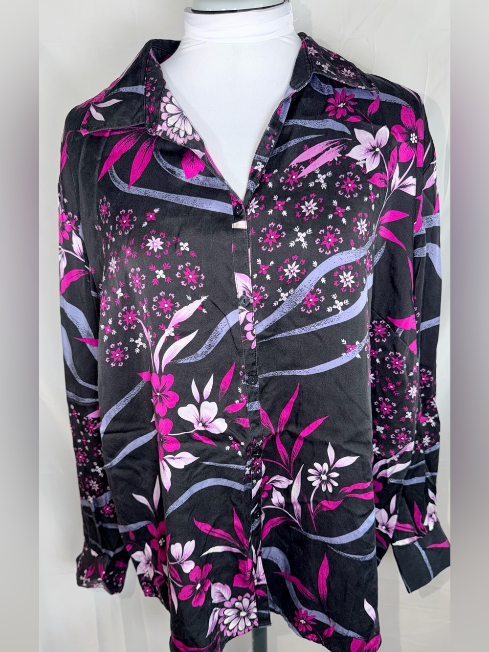 Style & Co Silk Floral Button-Up Shirt - Black & Magenta